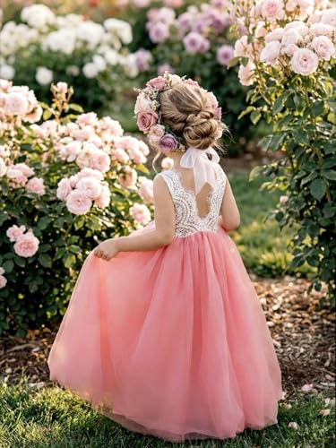 Image of 2Bunnies Girl Peony Lace Back A-Line Straight Tutu Tulle Party Flower Girl Dress