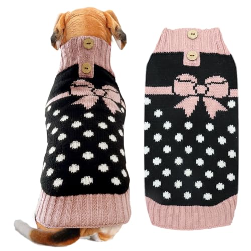 Hunde-Pullover mit Schleifenkrawatte – Punkt Rollkragen-Pullover, klassischer Strick Wintermantel für Hunde Kälteschutzkleidung für kleine und mittlere Hunde Katzen Welpen und Mädchen,XS