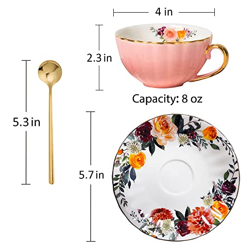 Oneustar Tea Cup And Saucer Set For 2 Porcelain Enghlish Tea Cup Floral Teacups Coffee Cup Set For Mother's Day Thanksgiving In Gift Box 8 Oz #TOP5