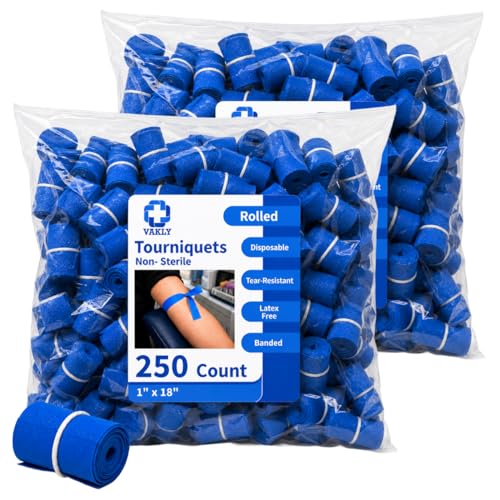 Image of Disposable Tourniquet [Pack of 500] Blue 1 inch x 18 Inch Long Rolled and Banded Single-Use Elastic Latex-Free First Aid Tourniquets (500)