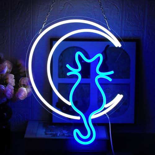 UExnkj-Y Letrero de Neon Cat Señal de Neón Gato Lunar adecuado para sala de juegos, bar, fiesta, habitación de niños, luces de neón decorativas alimentado por USB con interruptor regulable