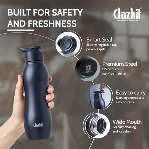 Image of Clazkit Platina Stainless Steel Black Matte Finish Water Bottle Set of 2 |ISI Certified | Leakproof, Rust-Free, BPA-Free, Durable for Fridge, Sports, Gym, Yoga & Office-Easy to Clean & Reusable-1000ml
