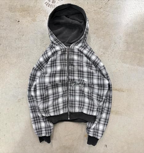 Y2k Grunge Plaid Zip Up Hoodie Men Streetwear Jacket Oversized 2000s Graphic Hoodie Fall Baggy Rapper Sweatshirts (Black plaid,L)4