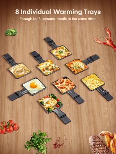 FOHERE Raclette Grill, Drehbarer Raclette 8 Personen mit Antihaftbeschichteter Backplatte und 8 Käseplatten, 1400 W, Edelstahl matt, ideal für Zuhause und Partys