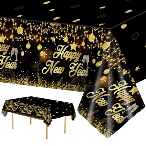 3 Pack New Years Tablecloths - Happy New Year Plastic Tablecloth Set, Black and Gold Disposable New Year's Table Cloth Cover Rectangle for 2026 New Years Eve Party Supplies Decorations, 108x54 Inch