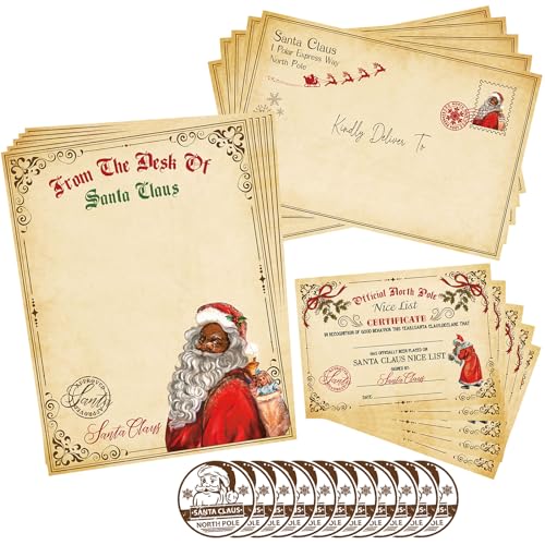 Lettre du Père Noël noir avec enveloppe rétro et autocollants de liste agréable pour fête