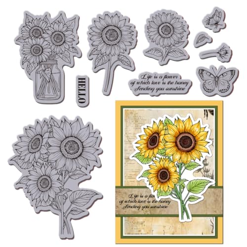 GLOBLELAND Sunflower Cling Rubber Stamp Butterfly EVA Cling Mount Stamps Bouquet Rubber Stamp Set for Card Making Photo Album Decor Decoration DIY Scrapbooking