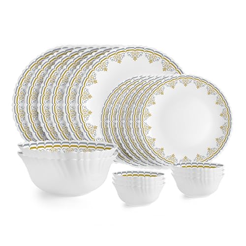 Image of Cello Dazzle Series Victor Opalware Dinner Set | 20Pcs | White | Service for 6 | Microwave & Dishwasher Safe | Light-Weight & Durable | Chip & Scratch Resistant | Best for Special Occasion & Gifting