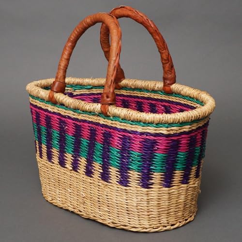 アフリカ ブルキナファソ 楕円型 バスケット Mサイズ No.8 カラー レザーハンドル アフリカンバスケット かごバッグ