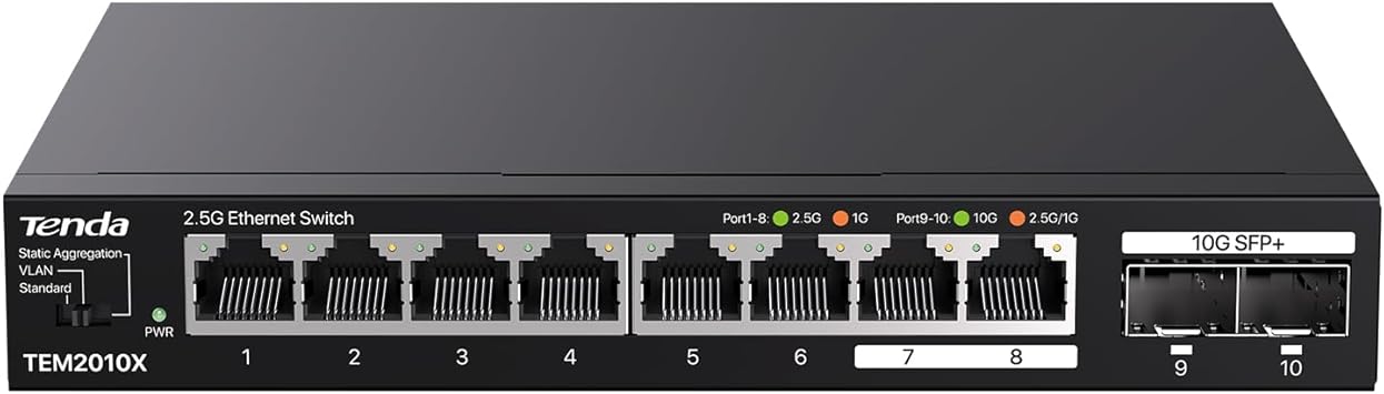 Tenda 2.5Gb Ethernet Switch | 10 Port 2.5G Network Switch | 8 x 2.5G Ports & 2 x 10G SFP+ | Plug & Play | Unmanaged Switch | Desktop/Wall-Mount | Metal Design | VLAN & Static Aggregation TEM2010X