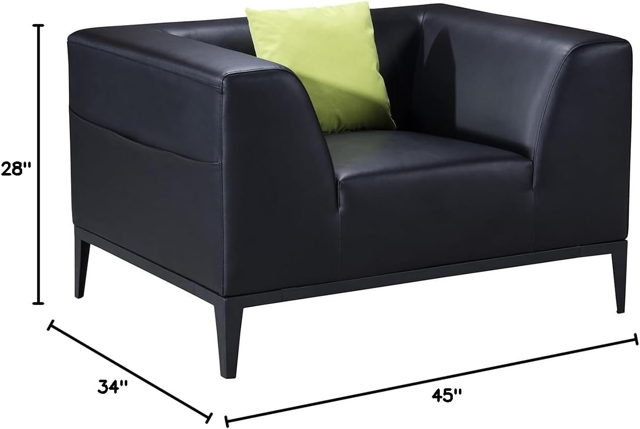 American Eagle Furniture Olivia Mid Century Modern Living Room Faux Leather Upholstered Armchair with Throw Pillow, 45", Black