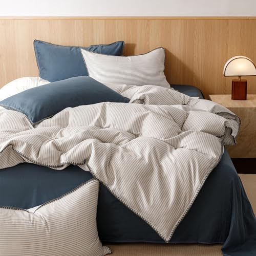 Image of VM VOUGEMARKET Beige Grey Duvet Cover Set with Blue Stripes 3pcs Yarn Dyed Muslin Cotton Vertical Striped Ticking Pattern Bedding Set Without Comforter - Queen Size