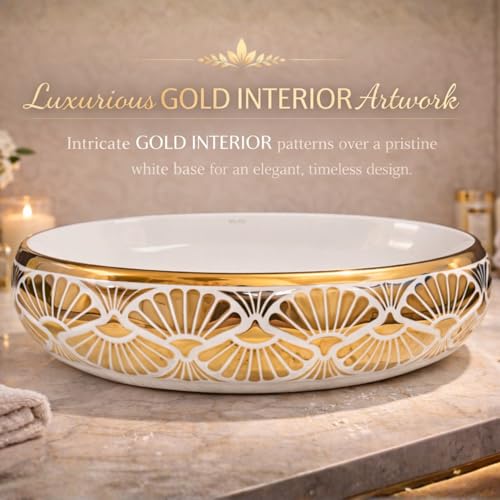 Image of Wallace Luxury Oval Table Top Wash Basin 60x40x15 cm | Premium Ceramic Countertop Vessel Sink with Gold Interior & Art Deco Pattern | Over Counter Designer Bathroom Basin