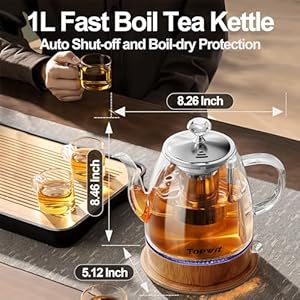 Topwit Electric Kettle Glass For Hot Water Tea and Coffee Dual Purpose Design BPA Free 1L Pour Over Removable Stainless Steel Infuser Auto shut Off Boil dry Protect