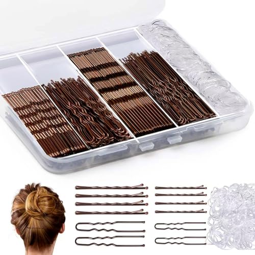 300Piece Hair Pins Set, Bobby Pin, u shaped hair pins and Clear Elastic Bands Includes Storage Case (Brown)