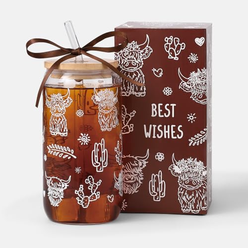 Celebloom Highland Cow Gifts for Women, Glass Cups with Lid and Straw - image 1
