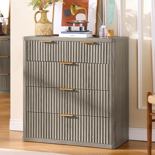 Image of LEYAOYAO Fluted 5 Drawers Dresser for Bedroom, 34 inch Tall Modern Chest of Drawers with Metal Handle, Curved Profile Design,Grey Wood Drawer Organizer for Bedroom, Living Room, Hallway, Entryway