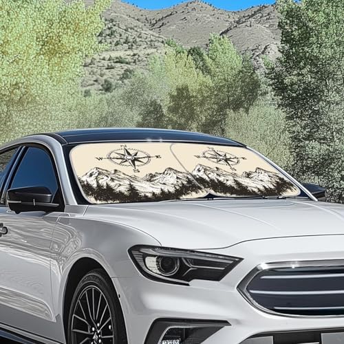 Image of Mountain Compasses 2 Piece Foldable Car Windshield Sun Shade Front Windshield Shade for Sun Auto Interior Protector Auto Sun Heat and UV Rays Blocker for SUV Truck Van Sedans