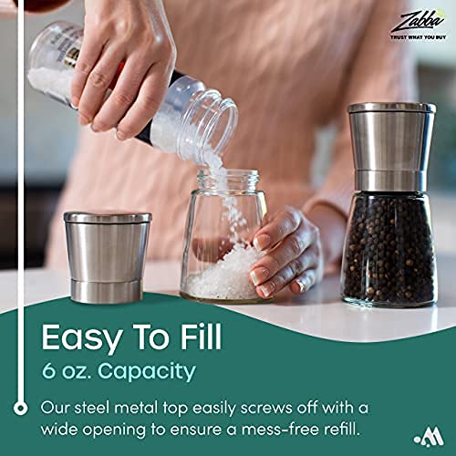 Modetro Salt And Pepper Shakers Set 6 Oz Each Adjustable Coarseness Pepper Grinder Mill For Sea Salt Spice Stainless Steel Glass 2 Pack #TOP2