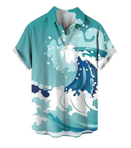 Keephen Men's # 13 Summer Hawaiian Shirt Ocean Wave 3D Printed Button Closure Short Sleeve Turn Down Collar Casual Aloha Shirt Summer Shirts Beach Party Vacation Tops