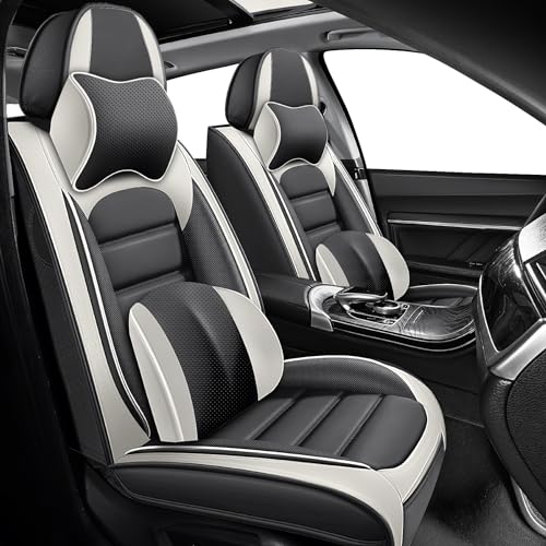 Image of Full Set Car Seat Covers for Jeep Compass 2007-2026, Waterproof Stain-Resistant Seat Cover, Premium Nappa Leather Seat Protectors with Storage Pockets(Luxury 5 Seats /Grey&White)