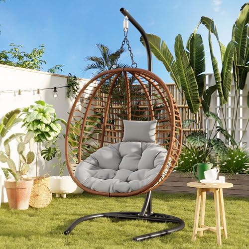 Merax Folding Hanging Egg Chair with Stand, Indoor Outdoor Wicker Hammock Swing Chair with Adjustable Anti-Slip Feet for Balcony, Bedroom, Garden by Merax - Used condition - US$261.50