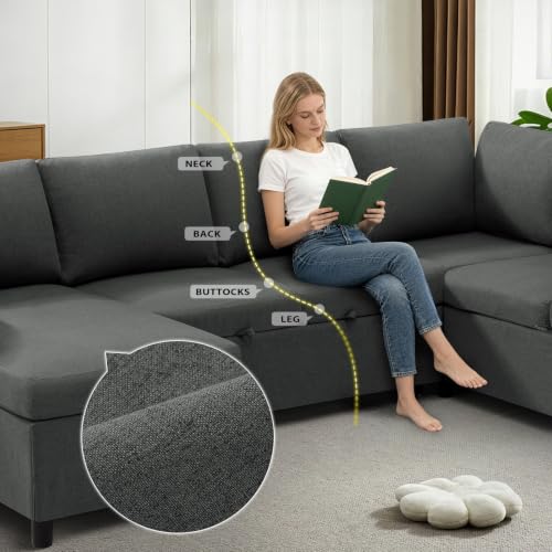 Image of 112 inch Fabric Sectional Sofa w /Pull Out Bed & Storage Chaise, Grey