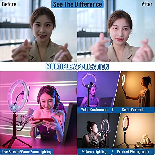 26 cm RGB-Ringlicht mit Ständer und Handyhalterung, App-Steuerung, eingebauter Akku, USB-betrieben, 360 ° Vollfarb-29… – Bild 8