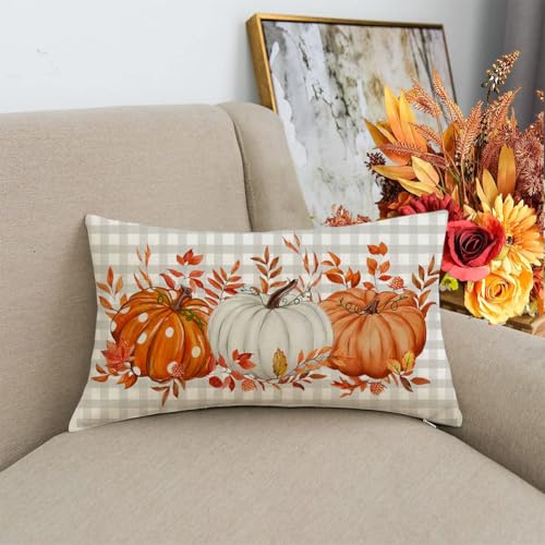 Image of Fall Pillow Cover 12x20 Inch Pumpkin Buffalo Pliad Dots Fall Pillows Maple Leaves Decor Autumn Thanksgiving Decorative Farmhouse Cushion Case for Sofa Couch (Gray)