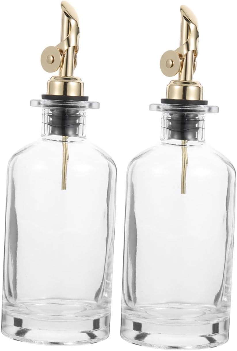 VICASKY 2pcs 500ml Glass Oil Bottles Automatic Open-close Olive Oil Dispenser and Vinegar Cruet with Spout for Kitchen Cooking and Soy Sauce Control, Gold Set with Foam Box