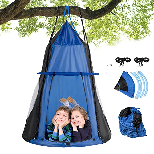 COSTWAY Balançoire Extérieur Enfant Ø100CM avec Tente Amovible, Balançoire Nid d'Oiseau Charge 150KG Hauteur Réglable de 100 à 160CM, Balançoire Tente Suspendue pour Jardin, Maison, Intérieur (Bleu)