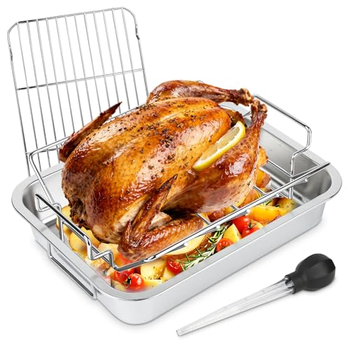 Image of DOLAMOTY Turkey Roaster Roasting Rack with Pan, 15.6*11.6*2.8 inch Stainless Steel Roasting Pan with U Rack and Flat Rack for Smoker Smoking/Dual Purpose fit for Large Big Green Egg and Kamado Joe Etc
