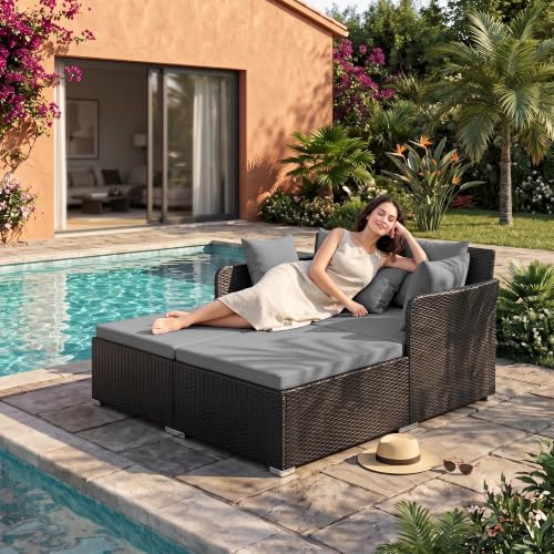 Image of BRISHI Outdoor /Pool Side /Garden /Balcony /Porch /Backyard /Terrace /Patio /Beach /Rectangular Sofa Sunbed Wicker and Rattan Daybed (Black /Purple)