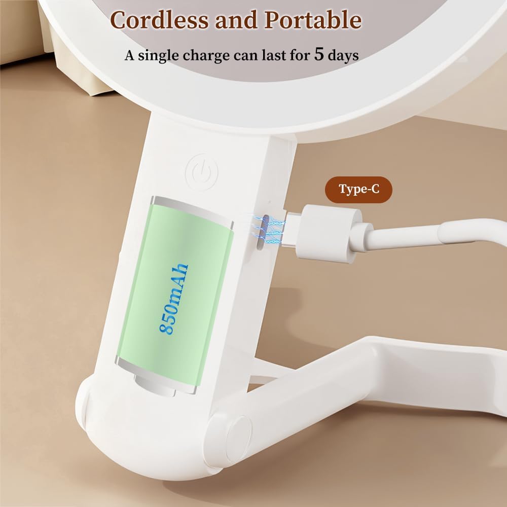 Travel Makeup Mirror, Lighted Magnifying Mirror with 15X/1X Magnification & 3 Lights, Rechargeable Makeup Mirror for Home, Travel, and Office Use in White