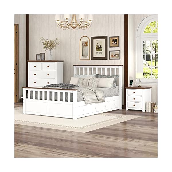 Harper & Bright Designs 3 Pieces Bedroom Sets Full Size Platform Bed with Nightstand(USB Charging Ports) and Storage Chest, Rustic Wooden Bedroom Furniture Set, White+Walnut