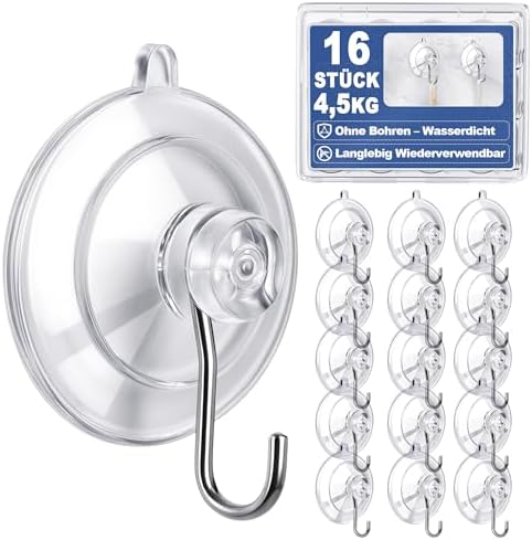 Bonison 16 Stück Saugnäpfe Haken – Bis 4,5kg/Ø4,5cm Bohrfreie Saugnapfhaken für Glatte Oberflächen, Rückstandslos Entfernbar, Rostfrei & Wasserdicht für Bad Küche Fliesen Glas Spie