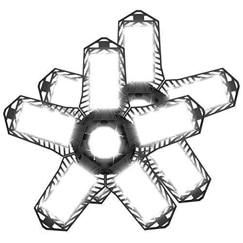 EVV LED Garage Lights 120W 12000LM LED Deformable Ceiling Light Fixtures with 5 Adjustable Panels E26/E27 Shop Lights for Billiard Parlor Basement Workshop (2 Pack)