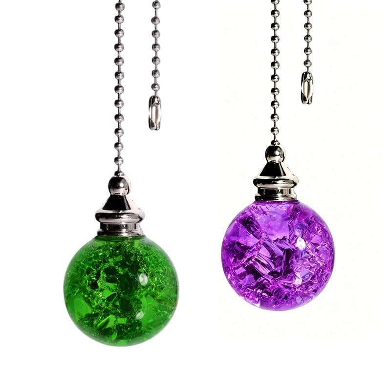 Image of 2pcs Crystal Ceiling Fan Pull Chain Ornament, 12 inch Ball Chain Purple & Green Fan Light Pulls Decorative Extension with Connector, Sliver Chain