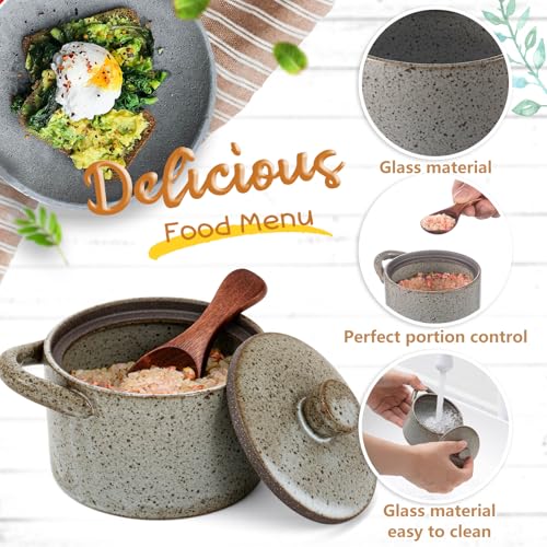 Honeydak 2 Set Speckled Ceramic Salt Cellar with Lid and Wooden Spoon, Rustic Farmhouse Salt Pepper Cellar Holder for Mothers Day, Housewarming Gift, Heavyweight Spices Jar (Light Gray) by Honeydak - Image 3