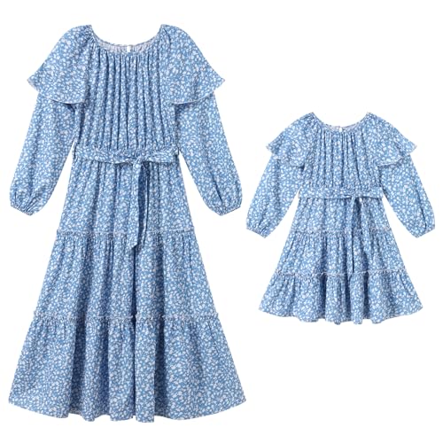 AWIBMK Mommy and Me Dress Long Puff Sleeve Tie-Dye Floral Tiered Ruffle Long Dress Fall Winter Matching Outfits with Belt2