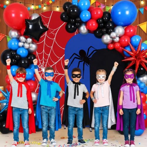 Image of 137 Pcs Spider Web Theme Party Decoration Kit for Birthday Party | 4ft, 5ft, 6ft, Red Black Blue Spider Web Arch Cover, Backdrop Decoration, Balloons, Halloween, Baby Shower, Photography