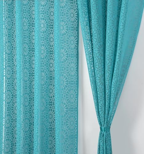 Image of Fabrilia Geometric Pattern Door Net Curtains 7 Feet Long Set Of 2 For Living Room /Bedroom, Teal Blue, Semi Sheer, Grommet Curtains