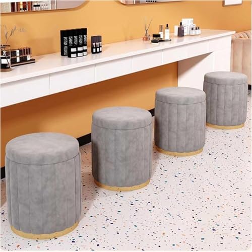 Image of Round Upholstered Velvet Ottoman Seating Stool with Gold Metal Base Multifunctional Makeup Vanity Chair Soft Compact Padded Foot Rest Stool for Living Room Bedroom Gray