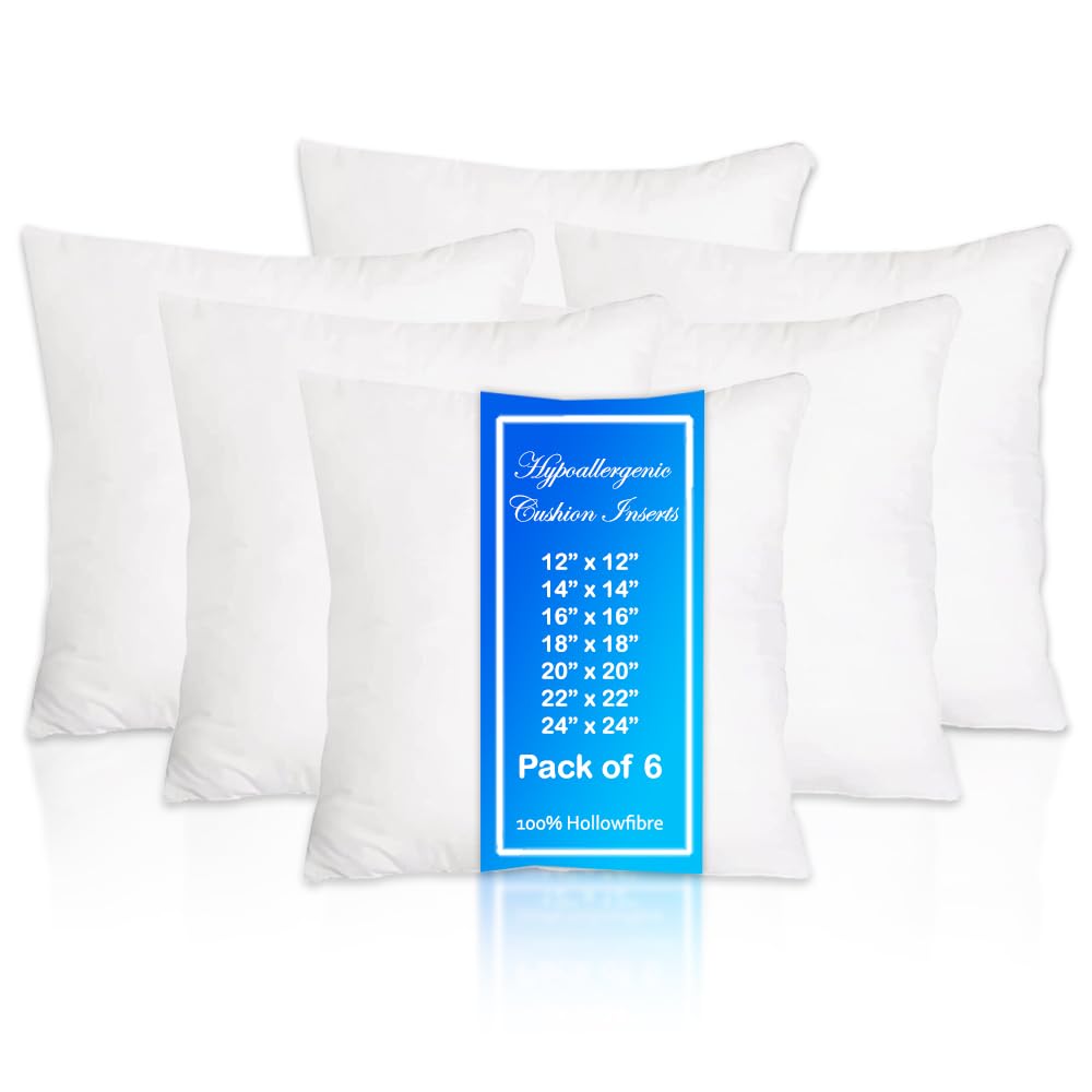 Molten Creek White Molten Creek® Square Soft Cushion Pads Insert, Extra Fill Plump Hollowfibre Inner Fillers, Anti-Allergy Sofa Cushion Inserts Scatters, (Pack Of 6, 24 X 24 (60 X 60 Cm))