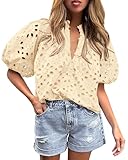 PRETTYGARDEN Women's Summer Tops 2025 Dressy Casual Short Sleeve V Neck Buttons Hollow Out Lace Embroidered Blouses Shirts (Beige,Small)
