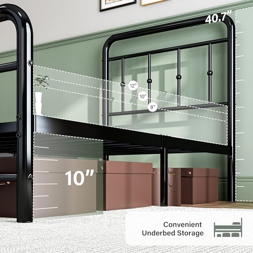 Catrimown Twin Bed Frames with Vintage Headboard and Footboard, Victorian Style, Wrought Iron, Under Bed Storage, No Box Spring Needed, Noise Free, Heavy Duty, Black