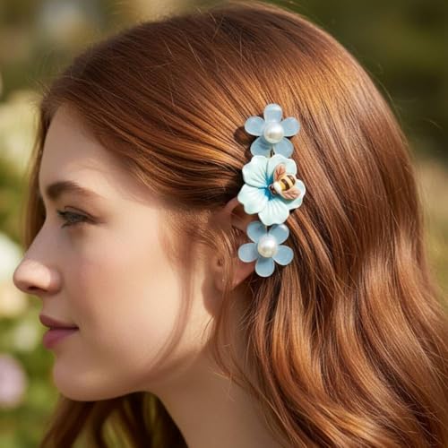 Image of Alvero Premium Acrylic Flower Hair Pin with Bee Design, Floral Designer Hair Clips for Women & Girls, Lightweight, Strong Grip Side Pin Hair Accessory for Wedding & Party (Pack of 2 Piece) (Light Blue)