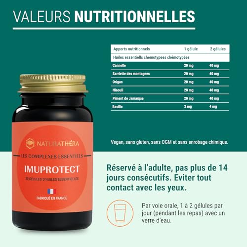 Naturathéra IMUPROTECT - Synergie Huiles essentielles - Immunité - Cannelle, Sarriette, Origan, Niaouli, Piment de Jamaïque, Basilic - 30 Gélules - Fabriqué en France - Vegan - Sans Phyto-oestrogènes – vue 5