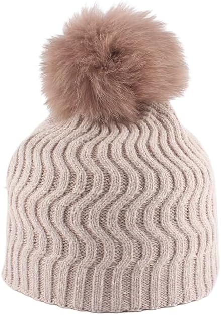 Kids' Rabbit Fur Pom Pom Beanie, Double-Layer Wave Knit Winter Skull Cap, Soft Thermal Hat for Boys & Girls