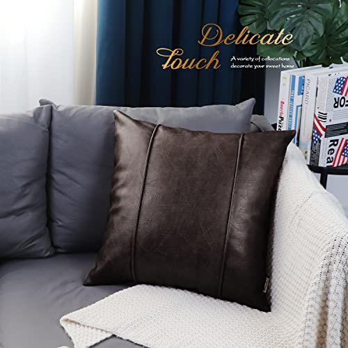 Image of BRAWARM Coffee Leather Throw Pillow Covers 20 X 20 Inches - Faux Leather Pillow Cover with Piping, Hand Stitched Leather Throw Pillow for Couch Sofa Bed Living Room Home Decorative